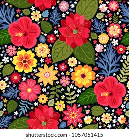 Vibrant ditsy floral pattern with exotic flowers in vector. Seamless colorful background. Vector illustration. Bright fashion print for fabric, wrapping paper.