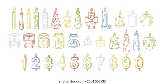Vibrant Diverse Collection Of Candle And Number Doodles In Various Colors. Includes Different Candle Styles With Flames