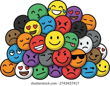 Vibrant diverse emojis expressing various emotions in colorful pileup