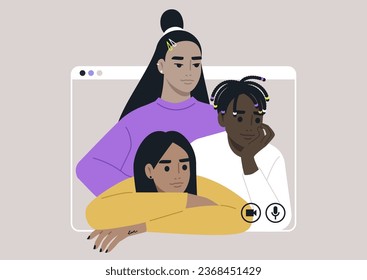 A vibrant and diverse group of stylish teenagers joyfully gathered together, celebrating their differences and unity in style and friendship, a video call frame