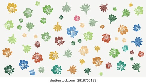 Vibrant diverse snowflake icons in multiple colors and shapes arranged randomly on a white backdrop suitable for winter themes holiday cards and seasonal graphics