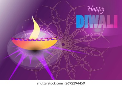 Obra de arte vibrante del diwali que presenta una lámpara de aceite brillante sobre un fondo púrpura rico con patrones de luz decorativos, transmitiendo calor, celebración y sentimiento festivo del festival de luces.