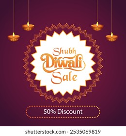 A vibrant Diwali banner with a purple background features hanging diyas a circular frame with Shubh Diwali Sale and a 50percentage Discount banner below
