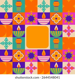 Vibrant Diwali celebration pattern with colorful lanterns, geometric florals, oil lamps, striped bowls and decorative stars in orange, purple, turquoise tiles. Traditional festival design for cards.