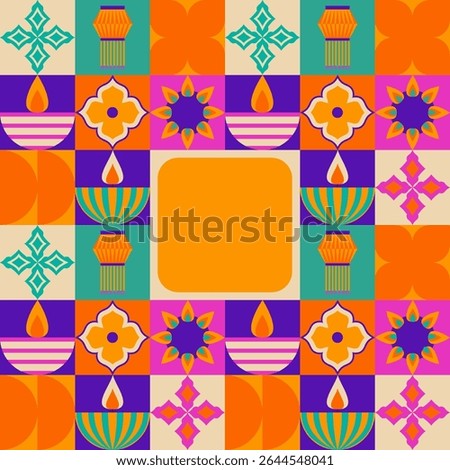Vibrant Diwali celebration pattern with colorful lanterns, geometric florals, oil lamps, striped bowls and decorative stars in orange, purple, turquoise tiles. Traditional festival design for cards.