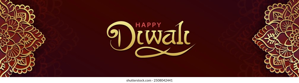 Vibrant Diwali panoramic banner or invitation header with detailed linear gold and purple mandala or Indian Rangoli as frame and text "Happy Diwali" is written in gold on red background at the center 