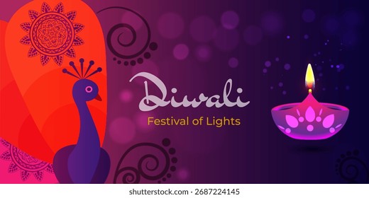 Vibrant Diwali Poste with a Peacock, Mandala patterns, and glowing candle flame on pink background. Perfect for Festival of Lights, Indian celebration, and holiday design projects.