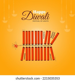 A vibrant Diwali-themed illustration featuring a set of red firecrackers arranged in a line, symbolizing the festive spirit of the Festival of Lights. The firecrackers are shown with a lit fuse, ready