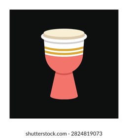 Vibrant djembe drum with red, white, and yellow stripes on a black background, symbolizing music and rhythm