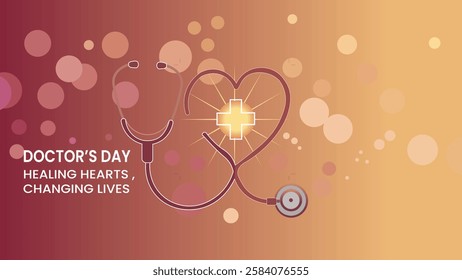 A vibrant Doctor's Day banner featuring a stethoscope forming a heart with a medical cross, symbolizing how doctors heal hearts and change lives with their care and dedication.