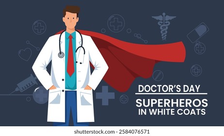 A vibrant Doctor's Day banner featuring a doctor in a white coat with a superhero cape, symbolizing the heroic role doctors play in healing and saving lives.