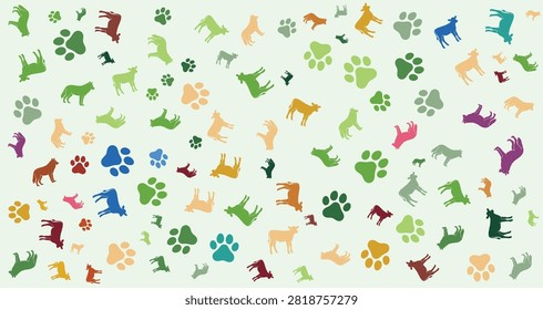 Vibrant dog paw prints pattern featuring different shapes and colors suitable for pet accessories, animal products, and veterinary graphics