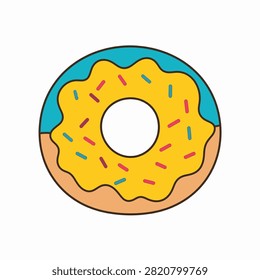 A vibrant donut decorated with yellow icing and multicolored sprinkles, showcasing a tempting sweet treat with a playful design.