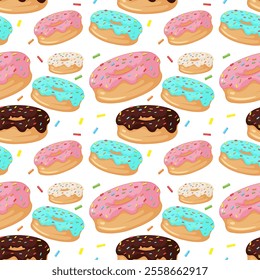 Vibrant donuts with sprinkles on white background