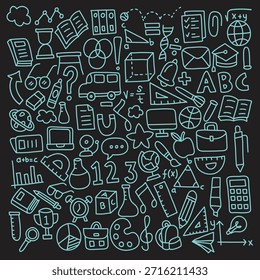 Un vibrante collage de arte doodle que muestra una amplia gama de Elementos educativos y de aprendizaje