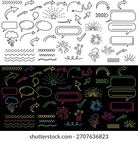 Vibrant doodle collection with expressive arrows, clouds, bubbles, bursts, and creative line elements in black and neon gradient styles