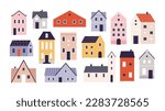 Vibrant doodle flat homes. Isolated houses, abstract city buildings. Urban architecture, cute tiny house. Real estate elements, apartments racy vector set