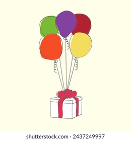 Vibrant doodle hand-painted balloons stuffed inside a gift box, ready for a special occasion. The balloons are assorted in various shapes and sizes, adding a touch of festivity to the gift