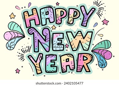 A vibrant, doodle style “Happy New Year” graphic; ideal for brightening up emails, cards, or profiles when celebrating the turn of the year.