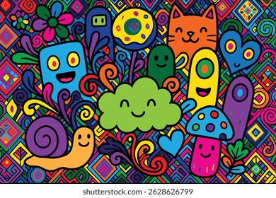 A vibrant doodle style vector background with multicolored patterns, ideal for artistic branding, children's content, or visually dynamic design compositions.

