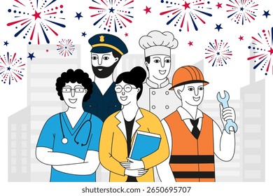 A vibrant doodle-style illustration celebrating Labor Day, featuring diverse workers including a teacher, builder, doctor, police officer, and chef. 