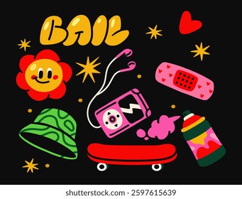 Vibrant doodle-style illustration featuring a mix of urban and retro objects like a skateboard, MP3 player, spray can, and a happy flower on a black background. Street art concept. Vector illustration