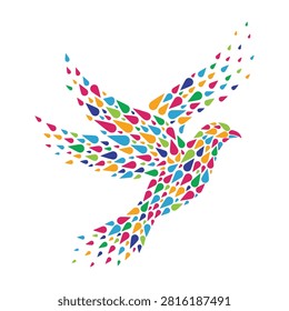 Vibrant dove composed of tiny colorful fragments in flight, symbolizing peace and freedom