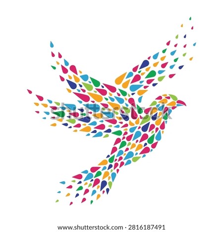 Vibrant dove composed of tiny colorful fragments in flight, symbolizing peace and freedom