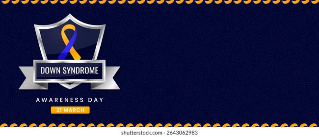 Vibrant Down Syndrome Awareness Day Banner with Blue and Yellow Ribbon on Shield, Featuring Swirl Pattern Background for March 21 Health Campaigns