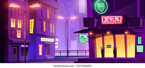 Vibrante escena nocturna en el centro iluminada por letreros de neón. Calle Urbana con restaurante oriental con señalización brillante, ventanas iluminadas en edificios residenciales y farolas. Paisaje urbano púrpura para la interfaz del juego.