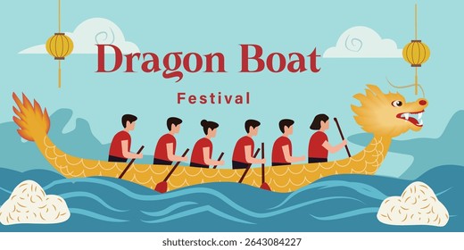  vibrant Dragon Boat Festival vector banners. Features dragon boat racing, Zongzi dumplings and lanterns. Ideal for web graphics, greetings and social media for Duanwu Jie.