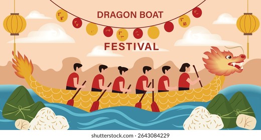  vibrant Dragon Boat Festival vector banners. Features dragon boat racing, Zongzi dumplings and lanterns. Ideal for web graphics, greetings and social media for Duanwu Jie.