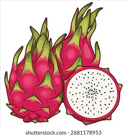 Vibrant dragon fruit collection with one sliced open

