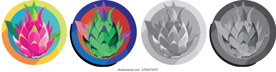 Vibrant dragon fruit icon in bold flat vector style with colorful circular frame ideal for tropical food themes, packaging, and healthy concepts, multiple style available.