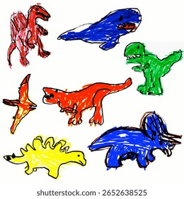 A vibrant children’s drawing of colorful dinosaurs using bold lines and playful marker strokes, capturing imaginative prehistoric creatures in a joyful, cartoon-like style.