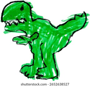 A vibrant children’s drawing of colorful dinosaurs using bold lines and playful marker strokes, capturing imaginative prehistoric creatures in a joyful, cartoon-like style.