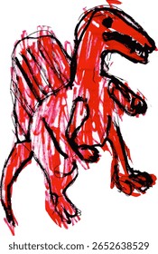 A vibrant children’s drawing of colorful dinosaurs using bold lines and playful marker strokes, capturing imaginative prehistoric creatures in a joyful, cartoon-like style.