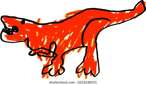 A vibrant children’s drawing of colorful dinosaurs using bold lines and playful marker strokes, capturing imaginative prehistoric creatures in a joyful, cartoon-like style.