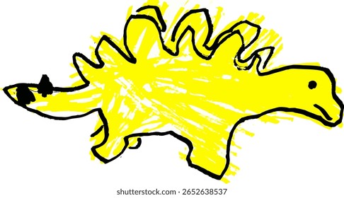 Desenho infantil vibrante de dinossauros coloridos usando linhas arrojadas e traços marcadores lúdicos, capturando criaturas pré-históricas imaginativas em um estilo alegre e parecido com desenhos animados.