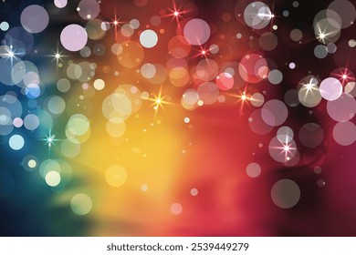 Efecto bokeh vibrante y de ensueño, que combina colores cálidos y fríos en un gradiente suave. Grandes y Pequeñas luces circulares dispersas. Atmósfera mágica resplandeciente. Las estrellas destellan intercaladas. Diseño holográfico de Vector