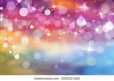 Vibrant dreamy bokeh effect, blending warm and cool colors in soft gradient. Large and small circular lights scattered. Glowing magical atmosphere. Star sparkles intersperse. Vector holographic design