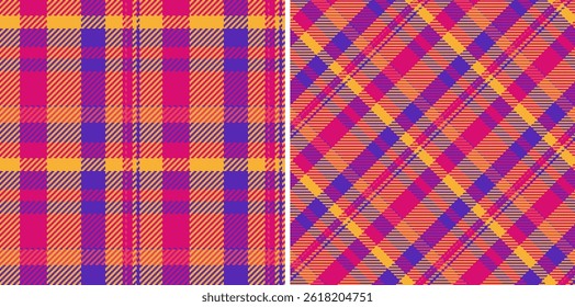Vibrant dual plaid patterns in bold pink, orange, and purple hues. Perfect for textile design, fashion, web backgrounds, or any project needing a lively, energetic aesthetic.