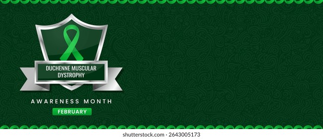 Vibrant Duchenne Muscular Dystrophy Awareness Month Banner with Green Ribbon on Shield, Featuring Swirl Pattern Background for February Health Campaigns