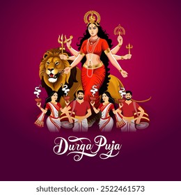 Vibrant Durga Puja Celebração Deusa Durga com Oito Braços em um Leão Pessoas Dançando e Rezando Iluminado Diya Lâmpadas Simbolizando Luz e Durga Puja Texto