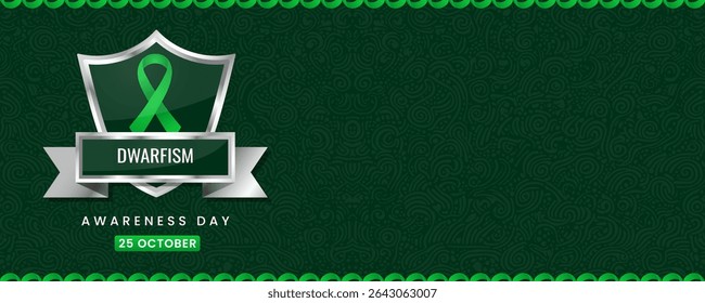 Vibrant Dwarfism Awareness Day Banner with Green Ribbon on Shield, Featuring Swirl Pattern Background for October 25 Health Campaigns and Charity Events