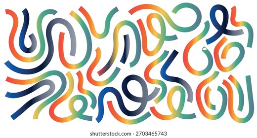 A vibrant and dynamic abstract artwork featuring a playful arrangement of colorful, wavy lines that create a sense of movement and energy against a clean white backdrop.