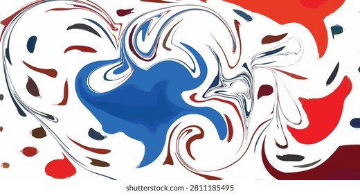 A vibrant and dynamic abstract artwork featuring swirling patterns of blue and red paint on a clean white background, creating a sense of movement and fluidity.