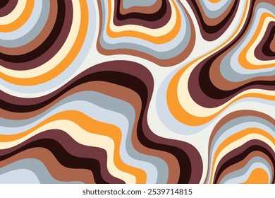 Um fundo abstrato vibrante e dinâmico com um padrão de redemoinho de linhas coloridas e onduladas em tons de laranja, marrom, cinza e creme. As formas orgânicas fluidas criam uma sensação de movimento.