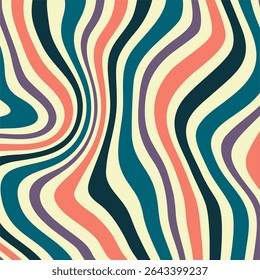 A vibrant and dynamic abstract background featuring a pattern of distorted, vertical wavy stripes. The flowing lines and retro color palette of teal, coral, purple, and cream.