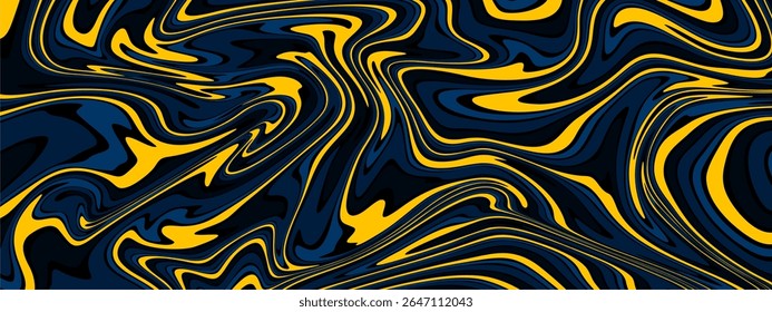 Um fundo abstrato vibrante e dinâmico com padrões de redemoinho de azul marinho profundo e amarelo brilhante.